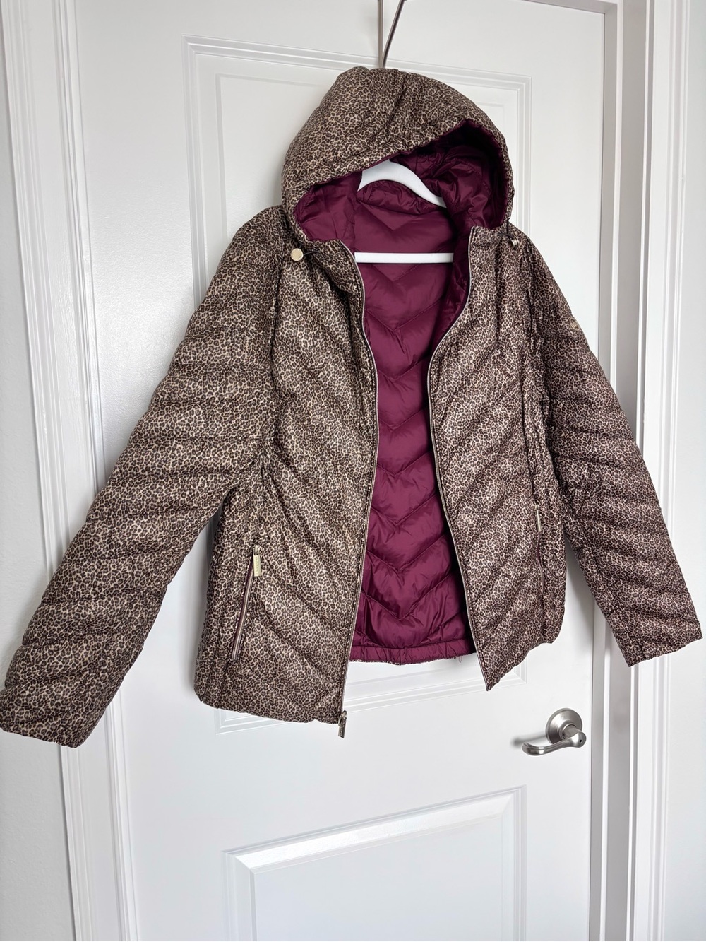 Michael Kors Reversible Animal Print Puffer Jacket Hooded Red Quilted Coat Ski